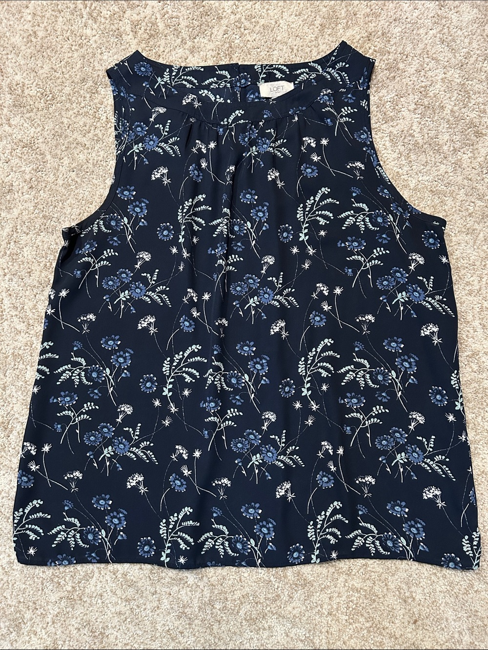 LOFT Navy Floral Pleated Neck Sleeveless Top